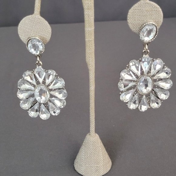 Unbranded Jewelry - Womens Silver Tone Clear Crystal Teardrop Flower Fashion Dangle Earring 2 1/2 in